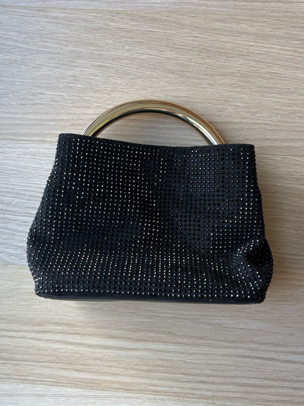 Black Crystal-Embellished Mini Handbag with Gold Handle